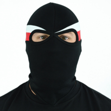 Black balaclava with white and red stripes